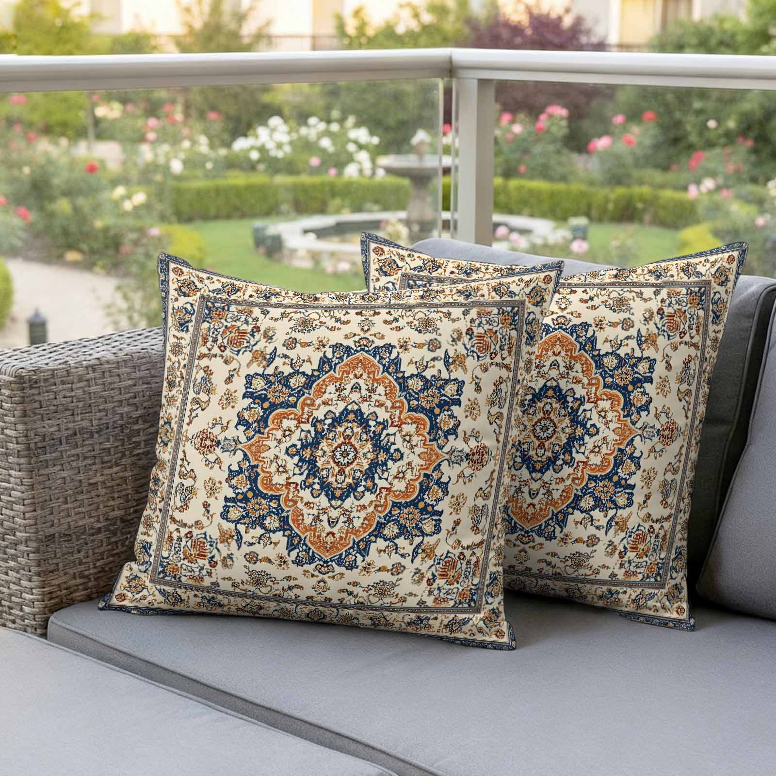 Vintage Ethnic Floral Pillow Covers 2 Pack Retro Brown Classical Bohemian Style Pillowcase Waterproof Outdoor Throw Pillow Cover for Patio Garden Square Cushion 16”x16”