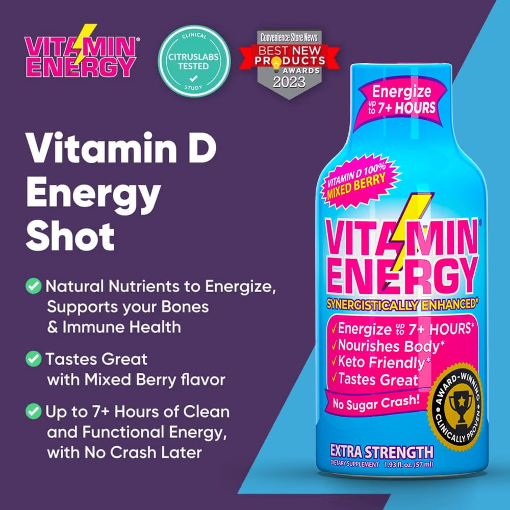 Vitamin Energy Vitamin D Extra Strength Shot, Mixed Berry, 12 Pack – 260mg Natural Caffeine, B-Complex & Vitamin D, Zero Sugar, 1.93 fl oz