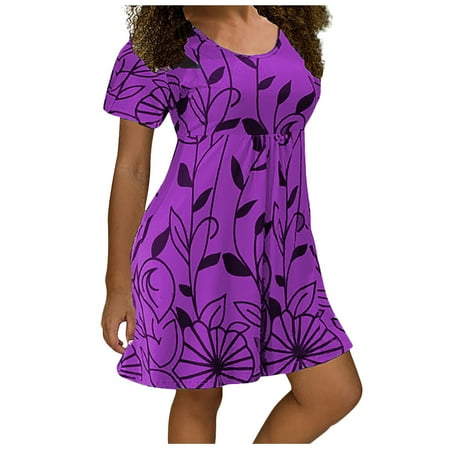 

Charella Women Plus Size V-neck Knee Length Dress Casual Floral Print Short Sleeves Short Dress Purple S