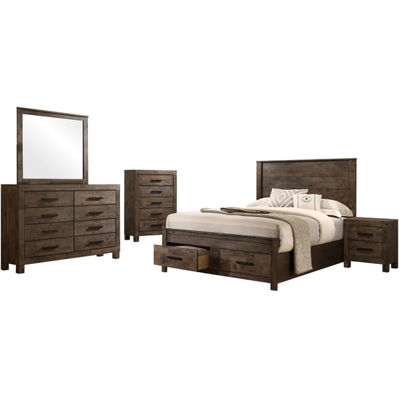 JERFIT 5-Piece King Bedroom Set with Storage Drawers, Wood Bedroom Furniture in Rustic Brown Finish, Includes King Bed, Dresser, Mirror, Nightstand, Chest
