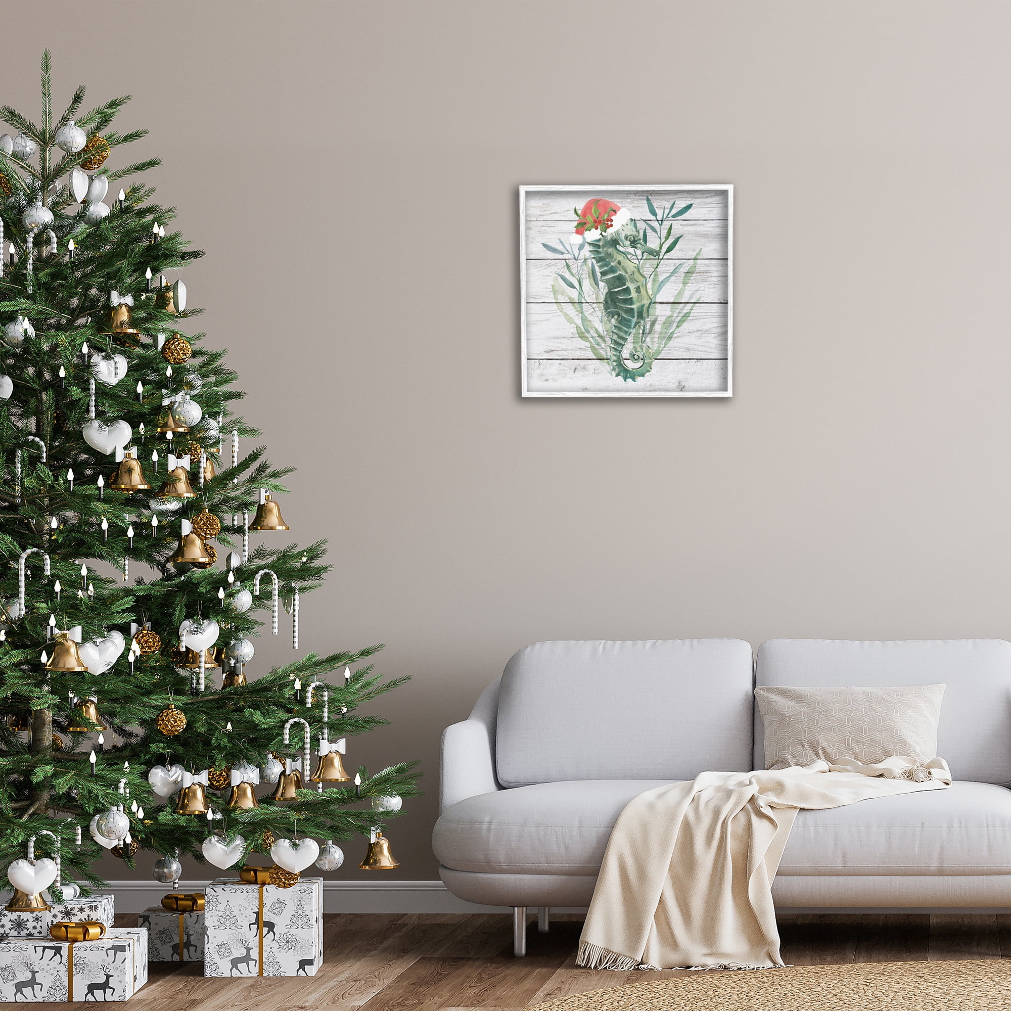 Stupell Industries Christmas Seahorse with Santa Hat Nature Painting White Framed Art Print Wall Art, 24 x 24