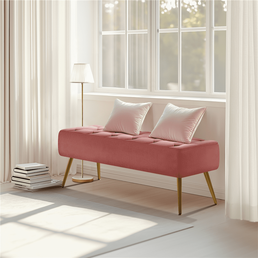Alden Design Modern Ottoman Velvet Footstool Bench for Bedroom, Pink