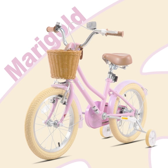 KEANO Marigold 16 Inch Girls Bike for 4-7 Years Old Kids, Retro Style Bicycle with Basket & Training Wheels, Gifts for Little Girls, Pink