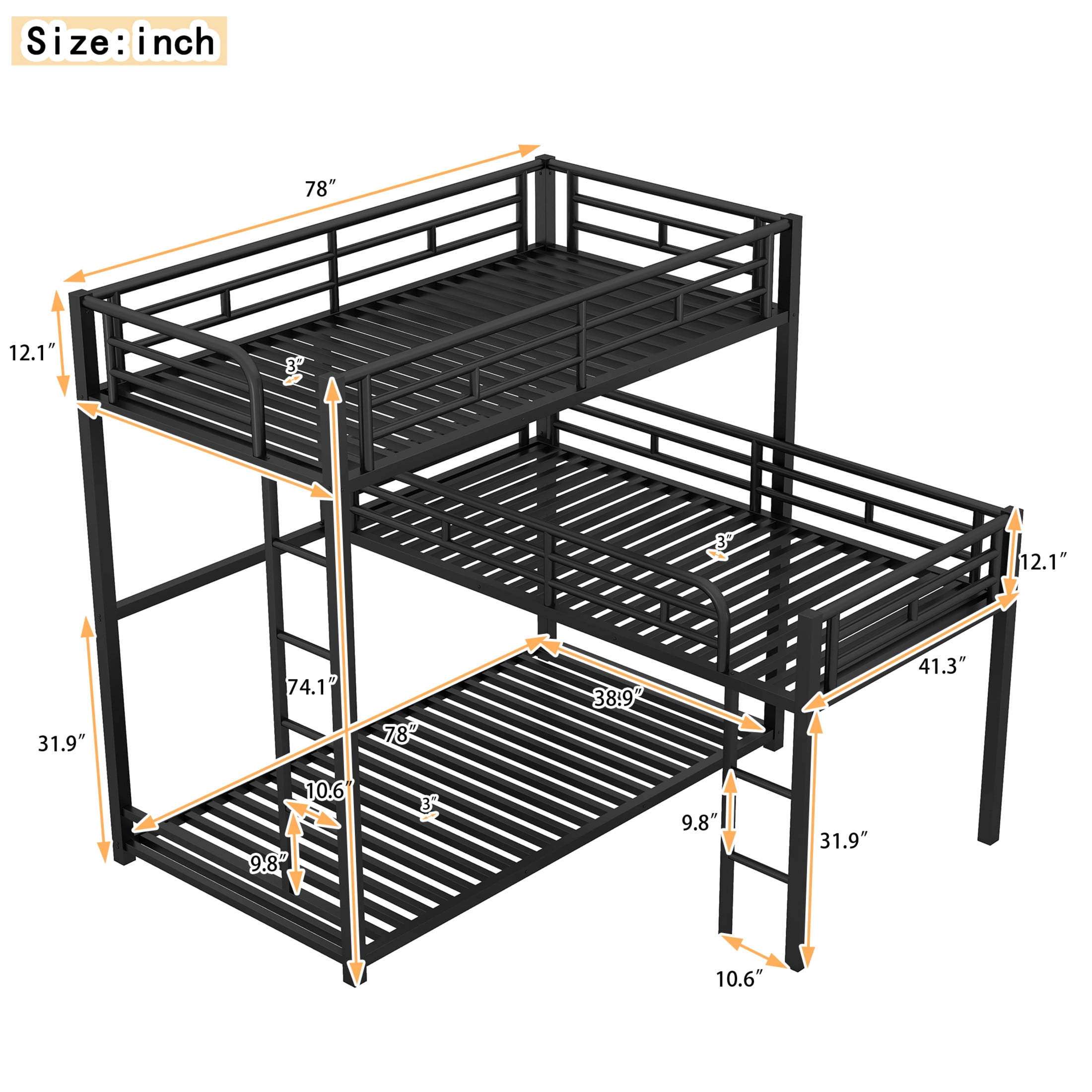 Noble House L-Shaped Triple Twin Bunk Bed, Industrial Metal 3-Tier Space-Saving Bunk Bed, Space Saving, Black