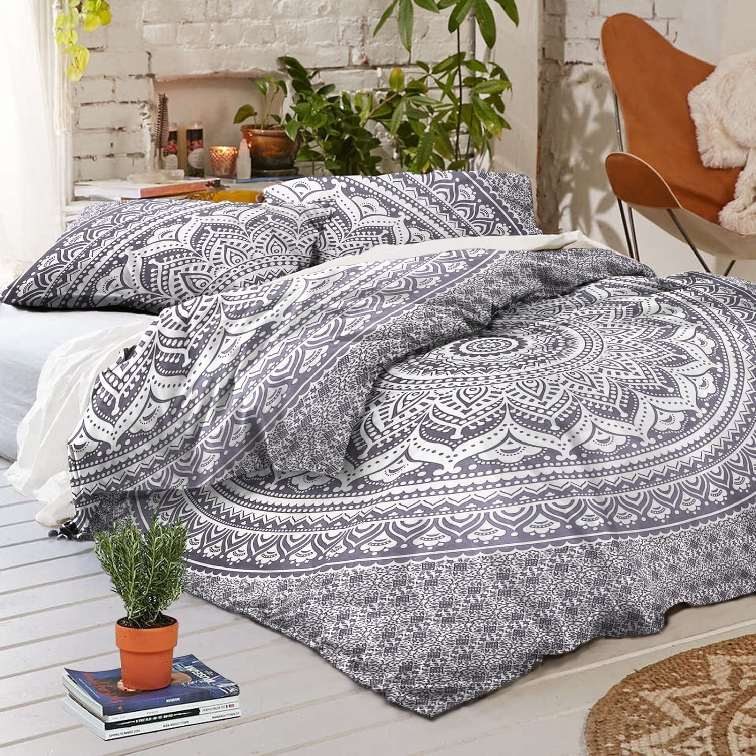 Mandala Queen Size Duvet Cover Reversible Bohemian Quilt Cotton With Pillows 