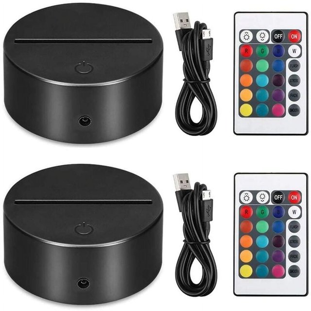 Paquete de 2 bases de lámpara de noche LED 3D + control remoto + cable USB, soporte de exhibición de espectáculo de luces de 16 colores para acrílico negro