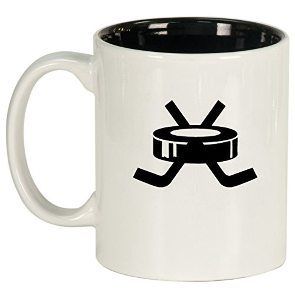 Ceramic Coffee Tea Mug Cup Hockey Puck with Sticks (White)