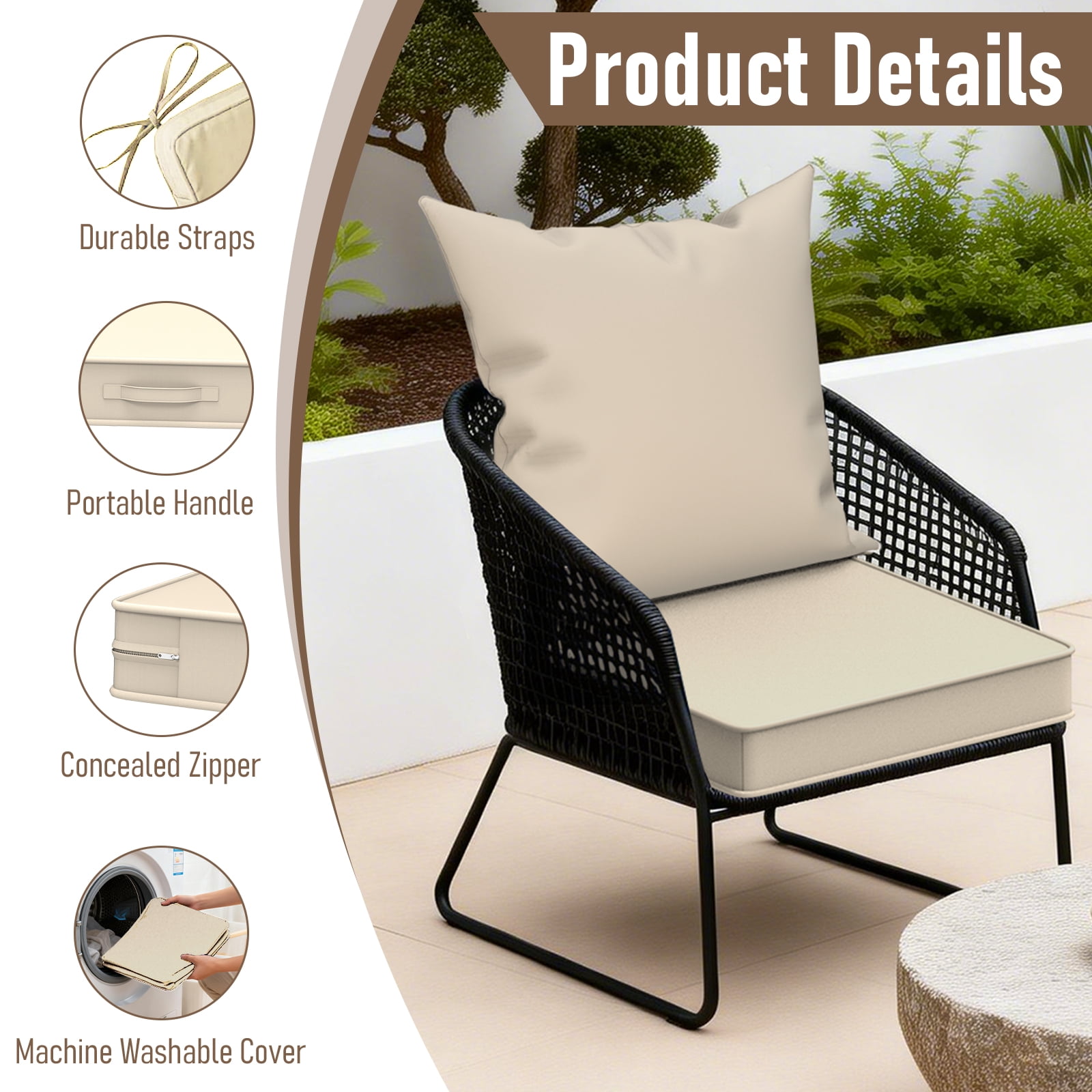 Yacona Outdoor Chair Cushions Set, 24x24in Patio Furniture Cushions with Handle, for Patio Furniture Chair Sofa, Beige