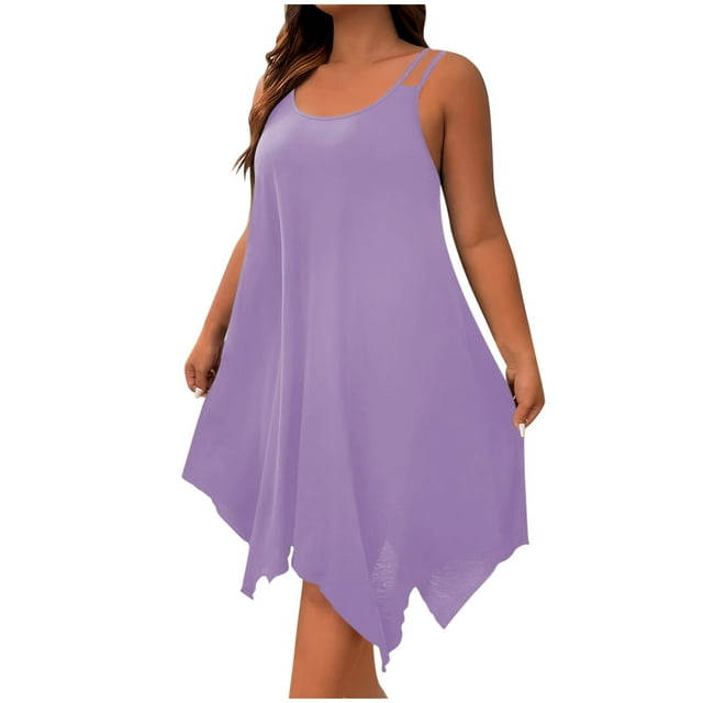 hotojiny Robes Grande Taille pour Femmes Rondes Décontractées Ourlet Mouchoir Sans Manches Tunique Fluide Hauts d'Été Col Rond Débardeurs de Plage