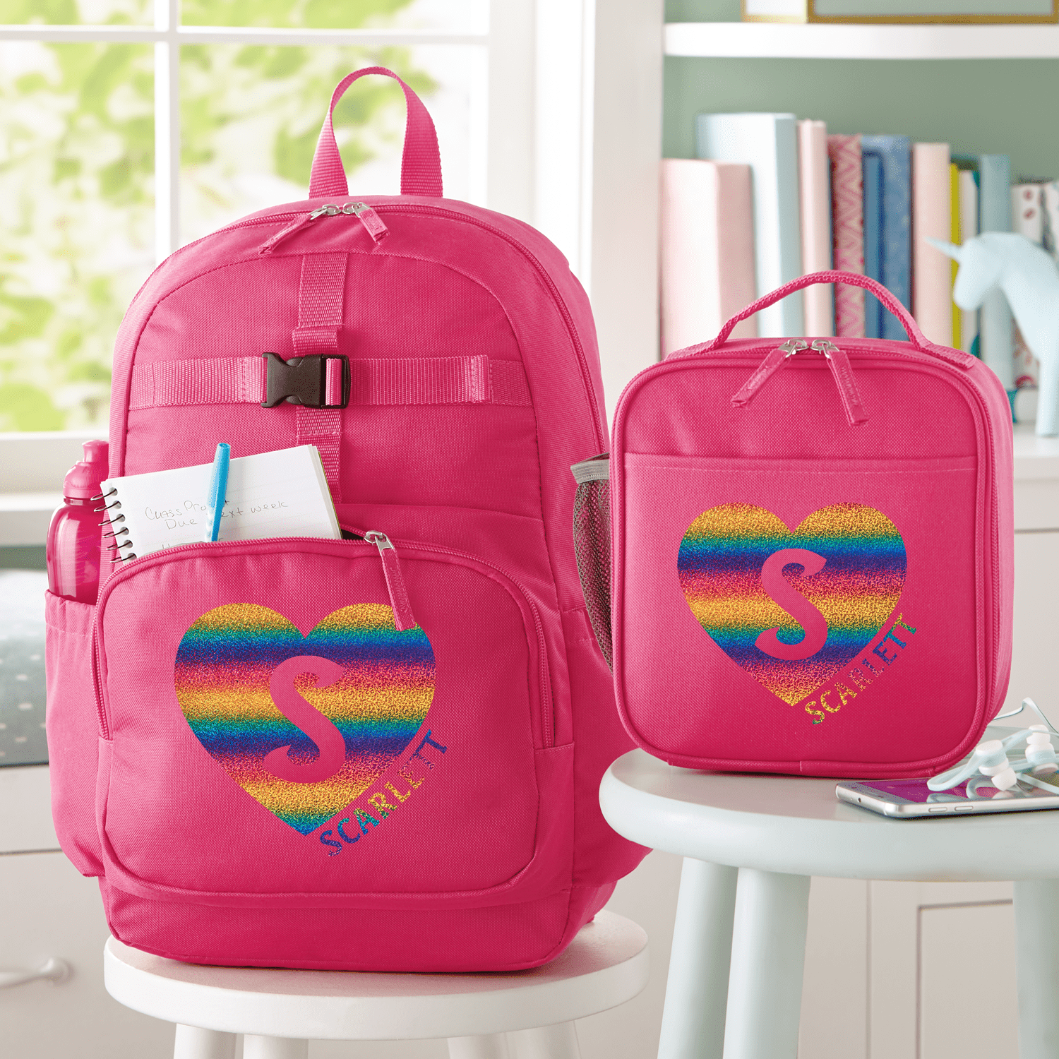 pink backpack and lunchbox