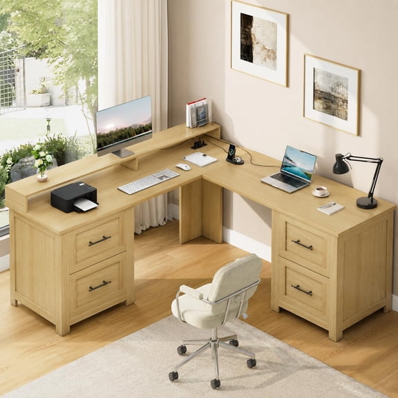 63" Executive l Shaped Desk with 4 File Drawers & Power Outlet, Large Corner Computer Desk with Monitor Stand and Power Outlets, Home Office Desks with Storage Drawers