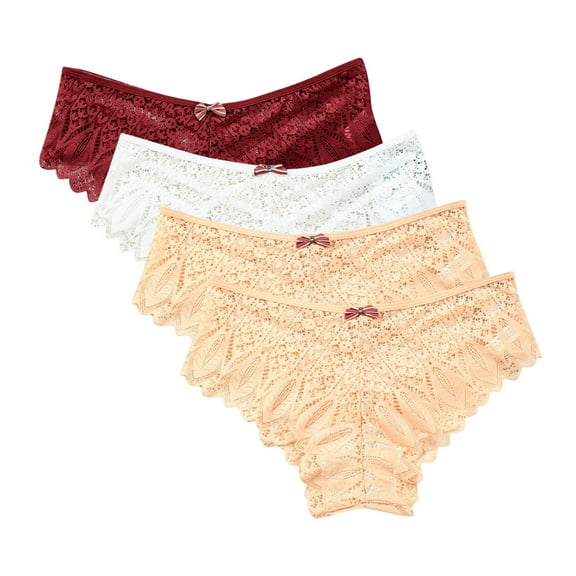Womens Lace Underwear 4pc Womens Underwear Lace Panties for Women Lightweight Lace Briefs Low Waist Thong Plus Size Ladies Underpants Thongs Womens Lace Underwear White M