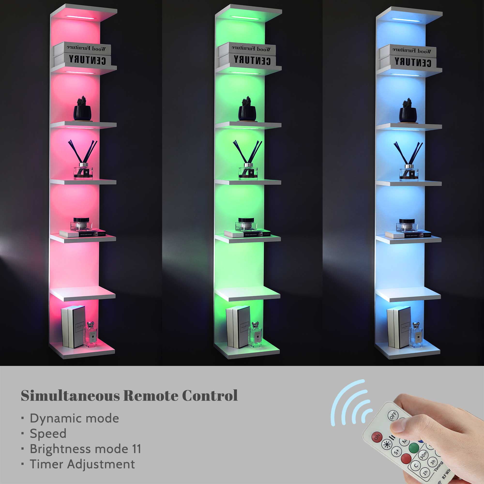 7-Tier Wall Shelf with 10 RGB Lighting Modes, Multifunctional Wall Mounted Vertical Display Floating Shelf for Bedroom Living Room Vanity, White
