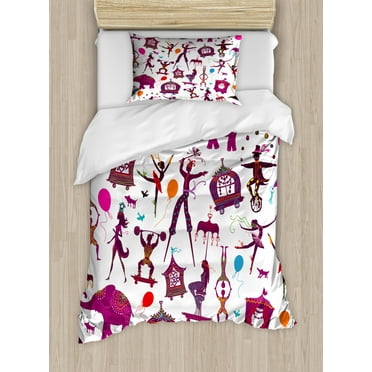 Circus Twin Size Duvet Cover Set, Colorful Circus with Magician Elephant Dancer Acrobat and Various Fun Characters, Decorative 2 Piece Bedding Set with 1 Pillow Sham, Multicolor, by Ambesonne