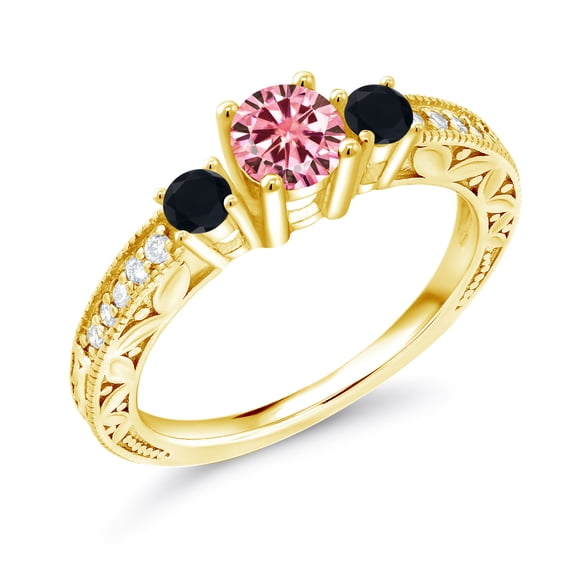 Gem Stone King 18K Yellow Gold Plated Silver 3-Stone Ring Round Pink Moissanite and Onyx Black (0.83 Cttw, Size 8)