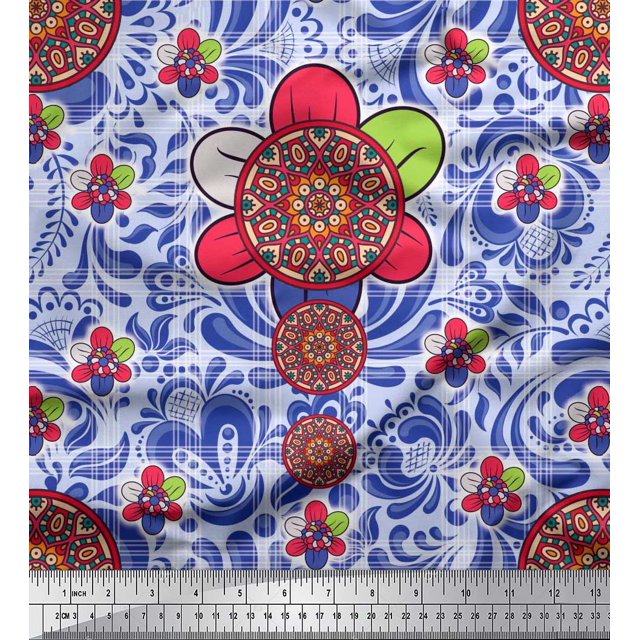 Soimoi Cotton Duck Fabric Check & Mandala Floral Print Sewing Fabric Yard 56 Inch Wide