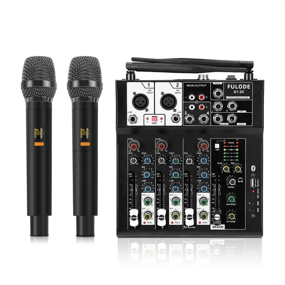 FULODE 4 Channel Audio Mixer, Karaoke Mixer with Dual Wireless Microphones, Professional Sound Board DJ Mixing Console MP3 Bluetooth 48V Phantom Power USB Interface for PC Studio Recording Party