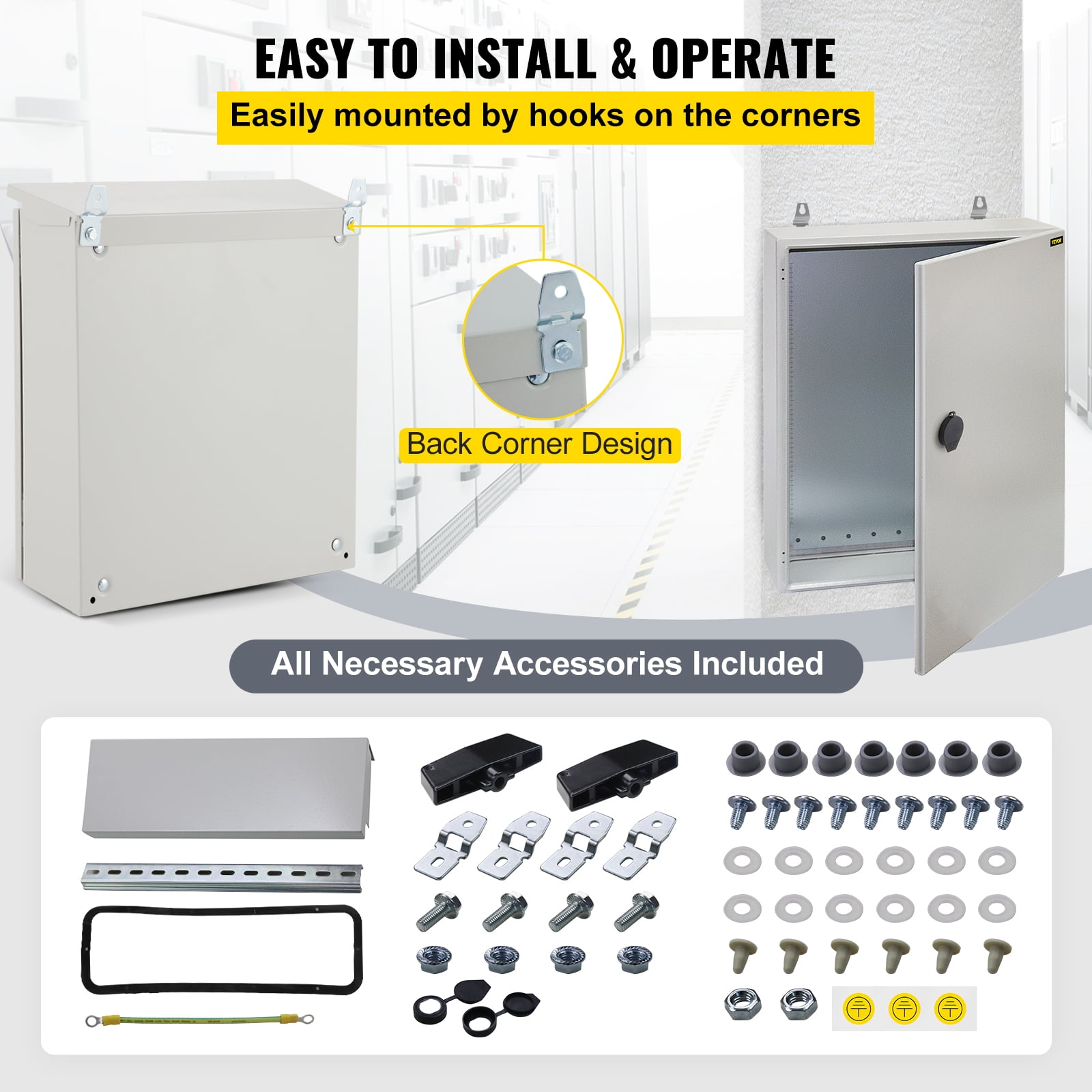 VEVOR Electrical Enclosure, 20'' x 16'' x 8'', UL Certified NEMA 4 Outdoor Enclosure, IP65 Waterproof & Dustproof Cold-Rolled Carbon Steel Hinged Junction Box for Outdoor Indoor Use, with Rain Hood