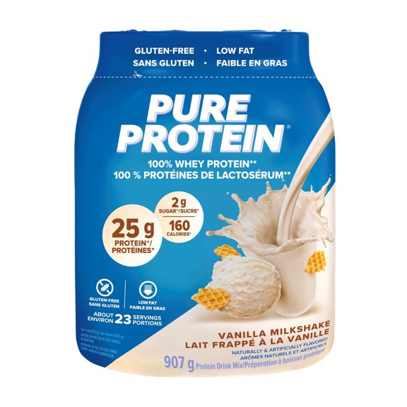 Pure Protein 100% Poudre de protéines de lactosérum - Vanille 25 g de protéines par portion, 2 g de sucre, sans gluten, formule à action rapide, 907 g