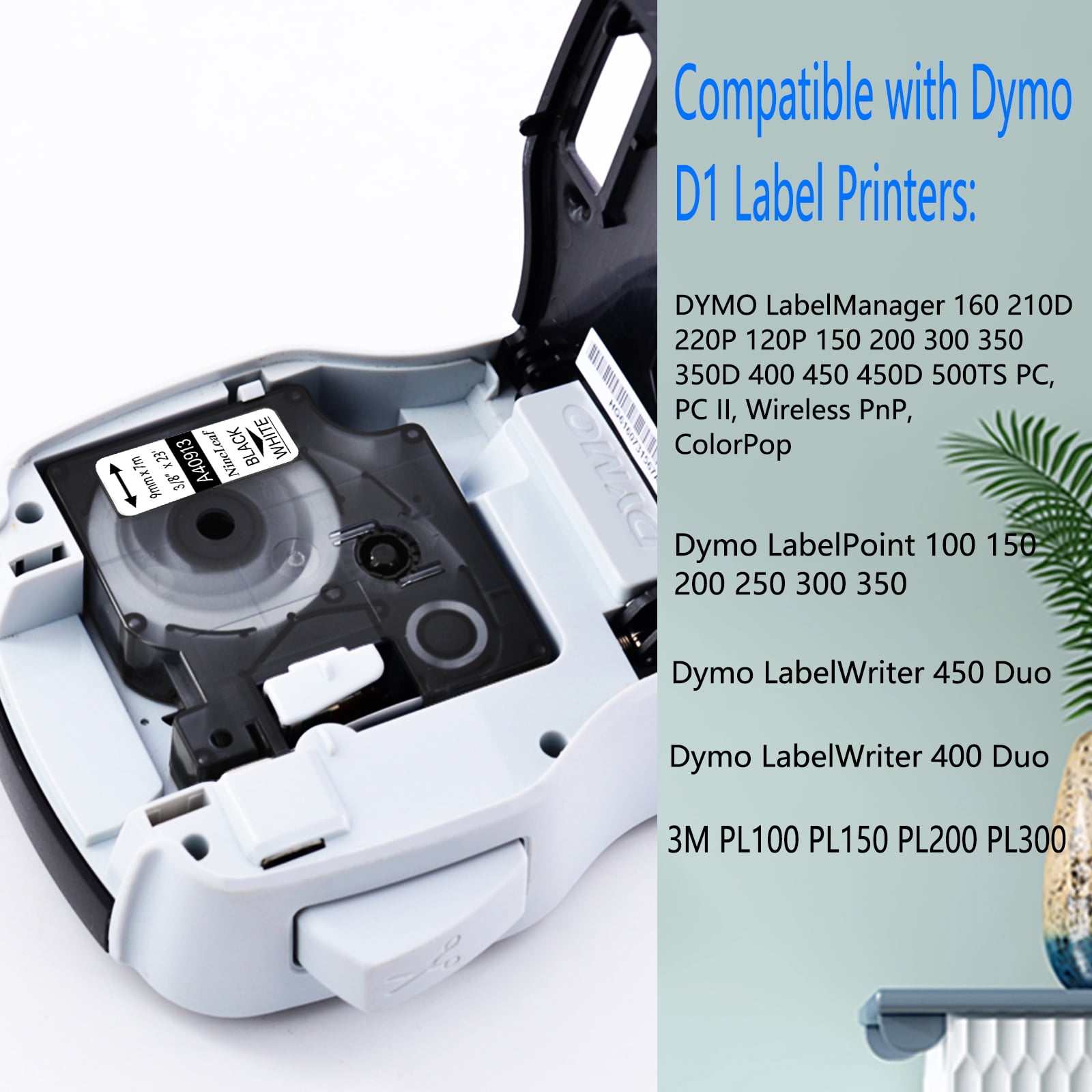 NineLeaf 6PK Compatible for DYMO D1 40913 3/8" x 23' (9mm x 7m) Black on White Label Maker Tape for Label Manager 100 120P 160 210D