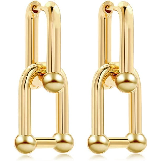 Pendientes de aro chapados en oro de 14 quilates con forma de bola en forma de U estilo Y2K, cadena de eslabones gruesos, pendientes de aro de círculo grueso, cadena de eslabones de clip, joyería, pe JAMW Sencillez