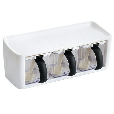 

1Pc 3-Gride Household Seasoning Box Kitchen Plastic Salt Pepper Jar Four Compartment Sugar Storage Case(White)