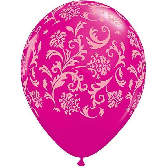 11 inch Qualatex Damask Print - Wild Berry W/ Pink Ink Latex Balloons (50 Pack) - Party Supplies Decorations