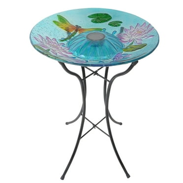 Teamson Home 18" Outdoor Solar Glass Dragonfly Birdbath with LED Lights and Stand, Multicolor