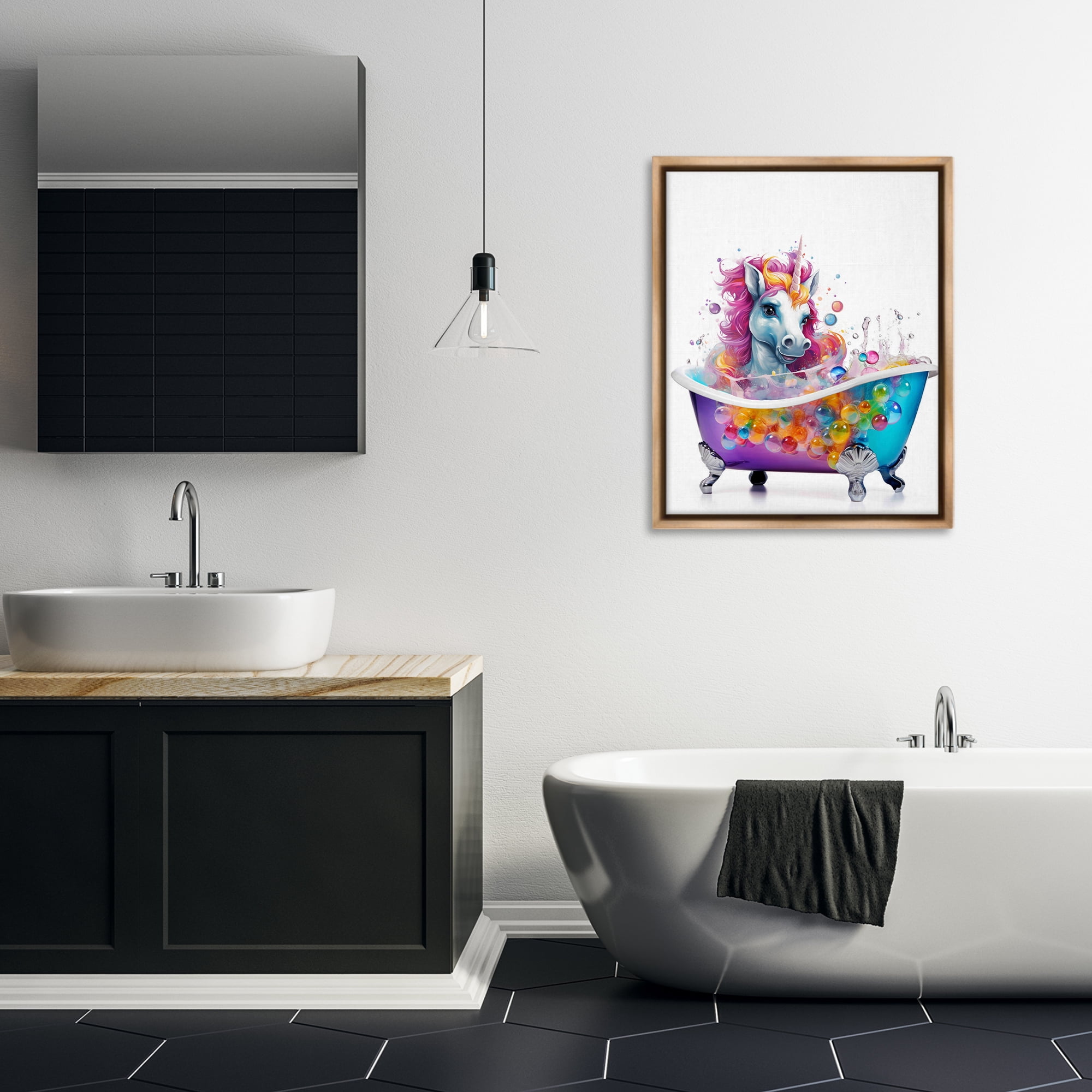 Stupell Industries Rainbow Bubbles Unicorn Typography Painting Brown Floater Framed Canvas Art Print Wall Art, 25 x 31