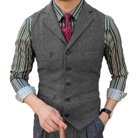 Men Suit Vest Vintage Herringbone Notch Lapel Slim Retro Tweed Waistcoat Wedding