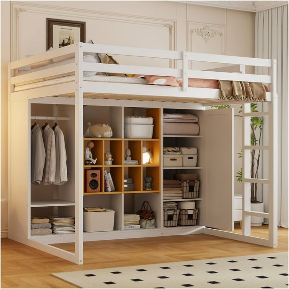 JERFIT Full Wood Loft Bed with Wardrobe and Cabinet, White Yellow