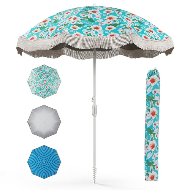 Gymax Parasol de Plage 6,5 Pi avec Franges, Parasol à Pompons avec Inclinaison à Bouton-Poussoir, Ancre de Sable, Vert