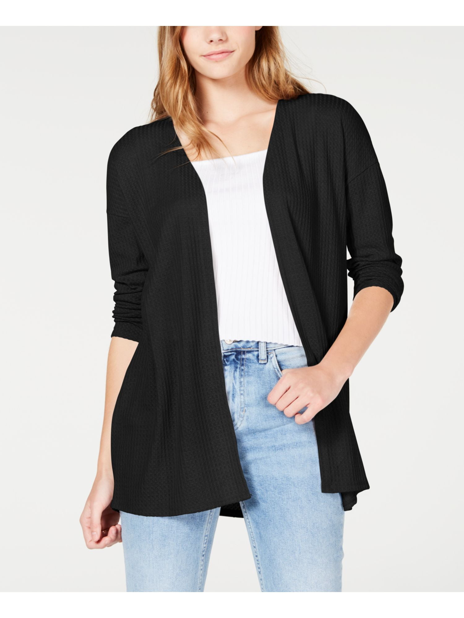 HIPPIE ROSE Womens Black Button Back 3/4 Sleeve Open Cardigan Top Juniors L