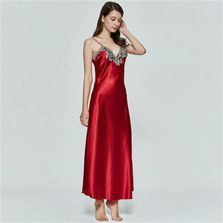 

TFFR Women Satin Long Nightgowns Silk Lace Sexy Lingerie Sleeveless Deep V Nightdress Sleepwear