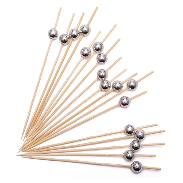 100 palillos de bambú para cóctel, 12 cm, hechos a mano, para brochetas de fruta, palillos largos (plateados)