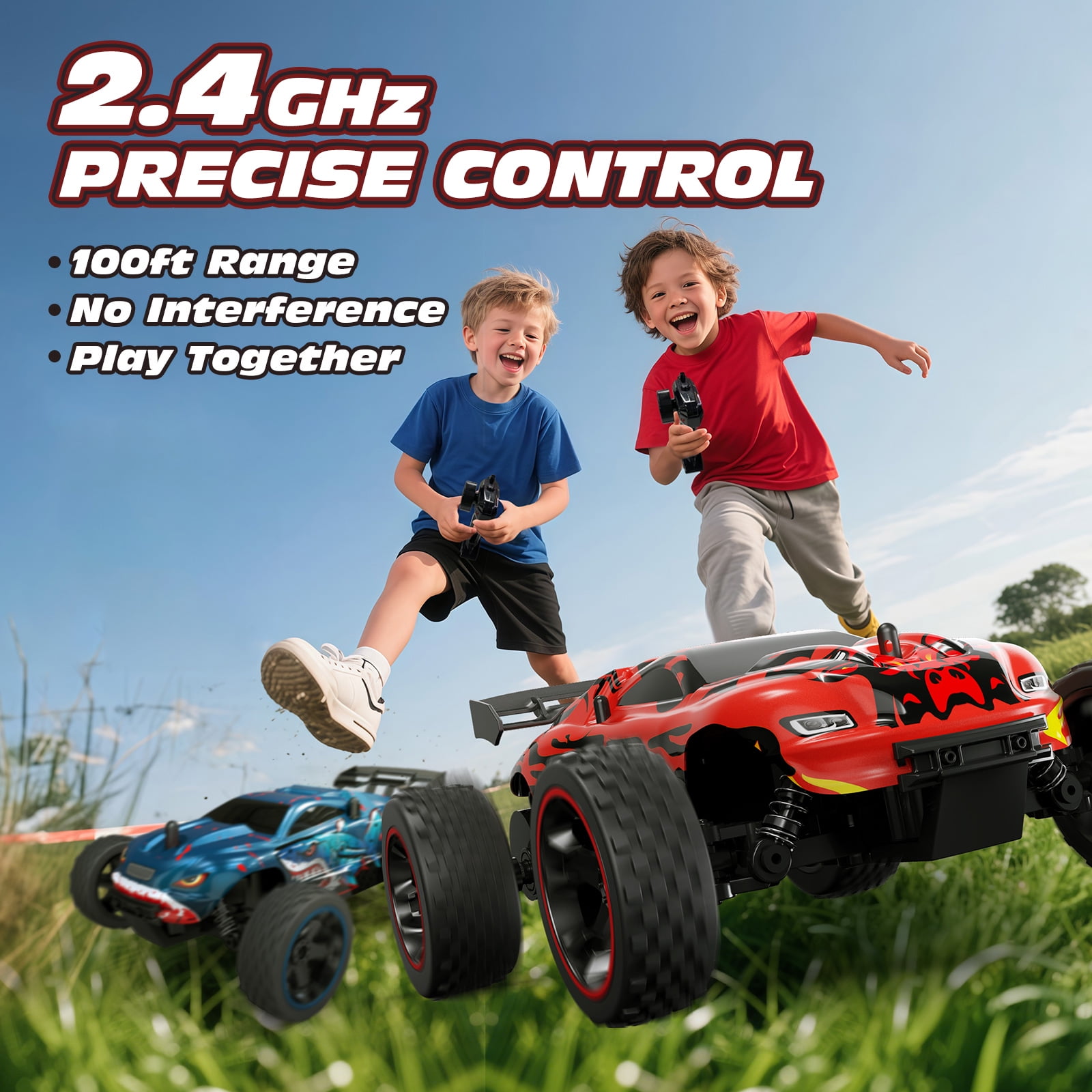 Tecnock RC Trucks for Kids, 1:18 Scale 2WD RC Cars with USB-C Easy Charging, 2.4GHz Remote Control Car with LED Lights & 50 Mins Playtime, Toys Gifts