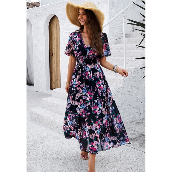 Women's Spring/Summer New Elegant Printed Waist-Slimming Short-Sleeve Chiffon Dress