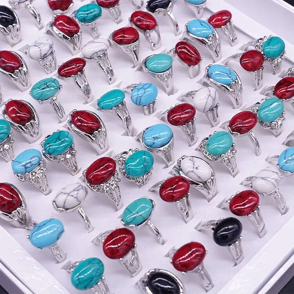 GKNET 30pcs Wholesale Lots Mixed Color Turquoise Delicate Jewelry Silver Plated Women Rings