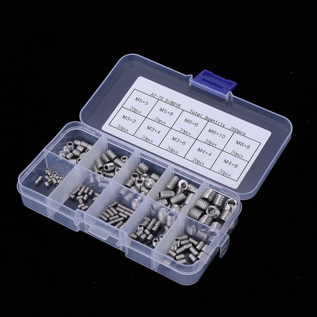 200x Tornillos Allen duraderos Sin cabeza Hexagonal Grub M3 M5 M6 M8 Tornillo de fijación con estuche de almacenamiento Cóncavo plateado shamjiam Tornillos de cabeza hexagonal