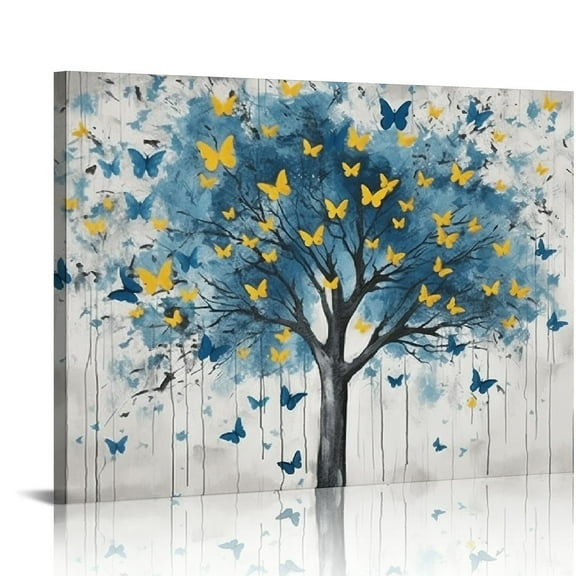 COMIO Large Canvas Wall Art Blue Tree Golden Butterflies Picture Abstract Grey Graffiti Canvas Prints Ready to Hang for Living Room Bedroom