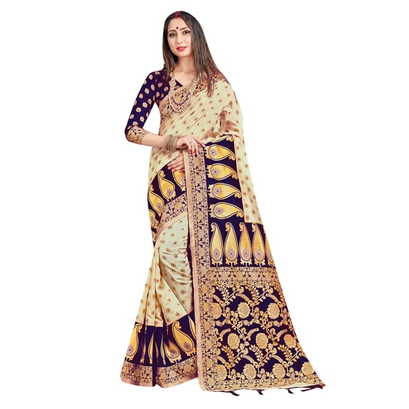 Sarees For Women Banarasi Art Silk Saree || Indian Durga Puja Bangali Woven Sari With Unstitched Blouse