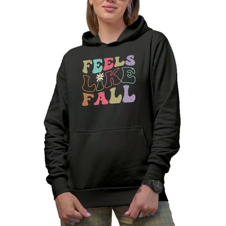 Feels Like Fall, Autumn Season Themed, Groovy Retro Wavy Text Merch Gift, Black Hooded Sweatshirt or Hoodie, Medium