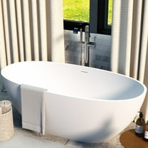 Cpingao 59" Freestanding Bathtub, Oval Shaped Stone Resin Freestanding Tubs, Solid Surface Matte White Soaking Tub with Overflow and Pop-up Drain