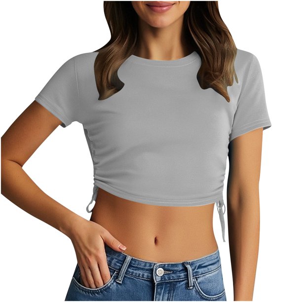 Tops de Trabajo de las Mujeres, Nueva Camiseta Casual de Cuello Redondo de Manga Corta con Cordón de Color Sólido para Diario Y Viajes