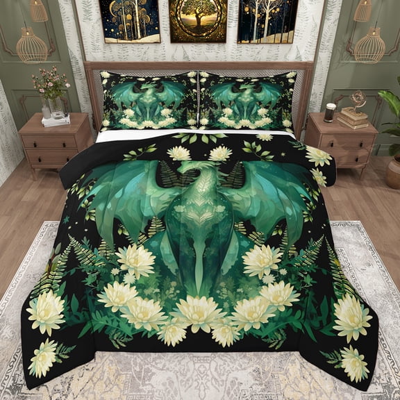 Castle Fairy Green Magical Dragon Bedding Comforter Set 2pcs for Children Teens Adults,Chic Floral Flowers Twin Comforter Sets Microfiber,Retro Vintage Aesthetic Breathable Bedding Set