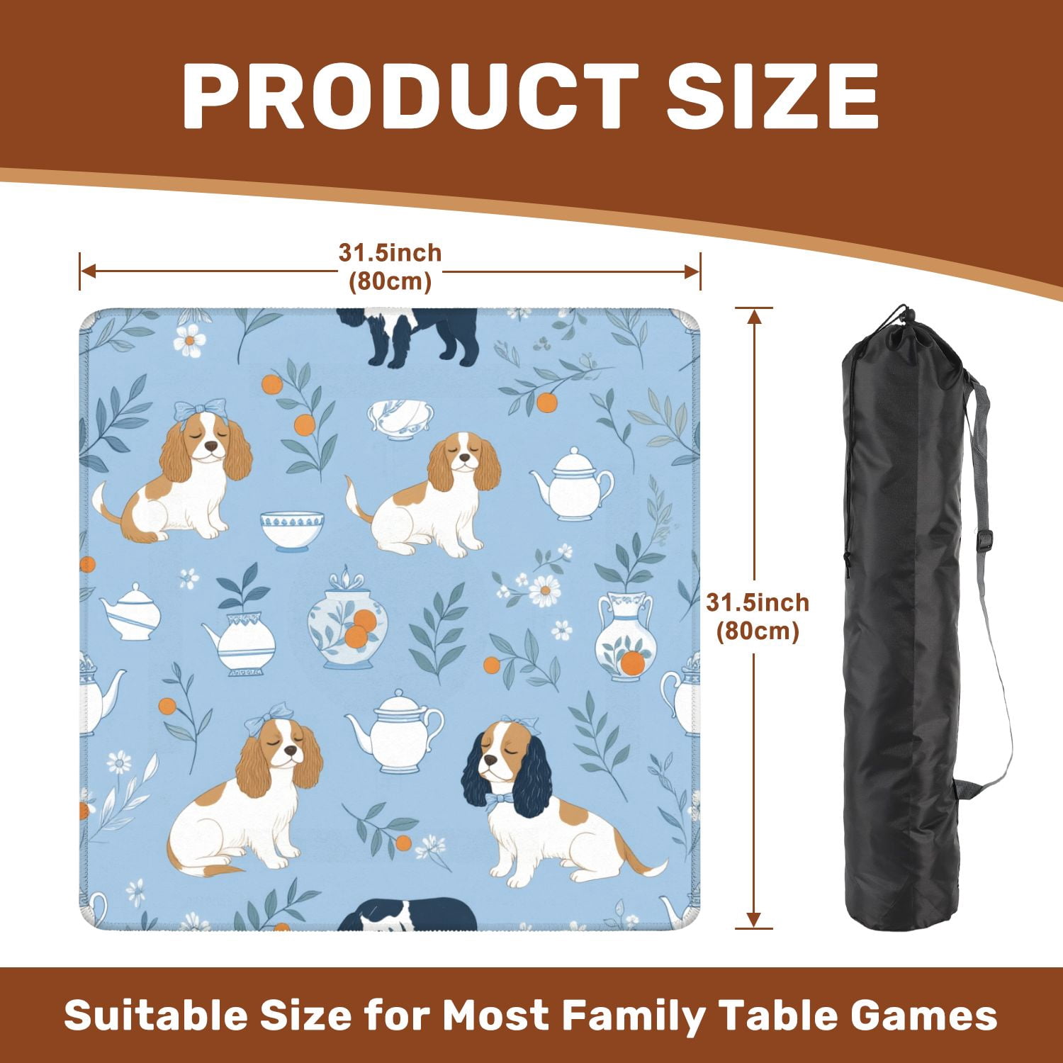 Mahjong Mat 31.5" x 31.5" vintage dog seamless Cavalier king charles spaniel cute hand drawn Non-Slip Noise Reduction American Mahjong Tiles Table Cover for Dominoes Poker Card Board Games Gift