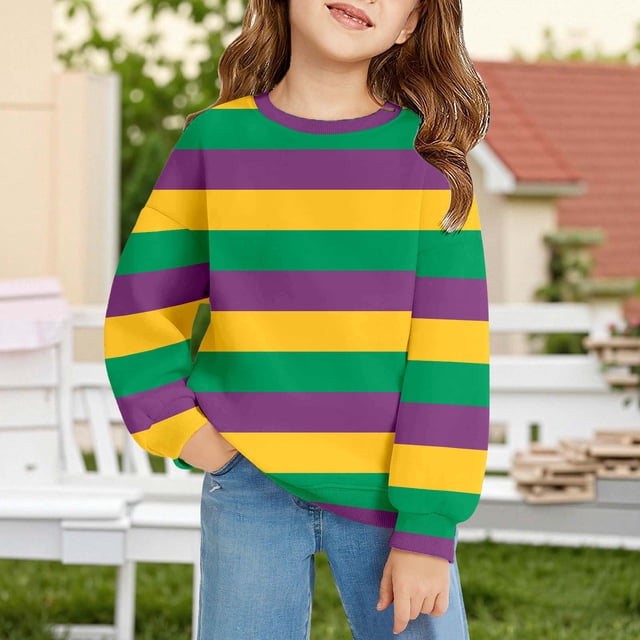 Chandail à Rayures pour Filles, Col Rond, Doux, Décontracté, à Manches Longues, Haut Athlétique pour Enfants
