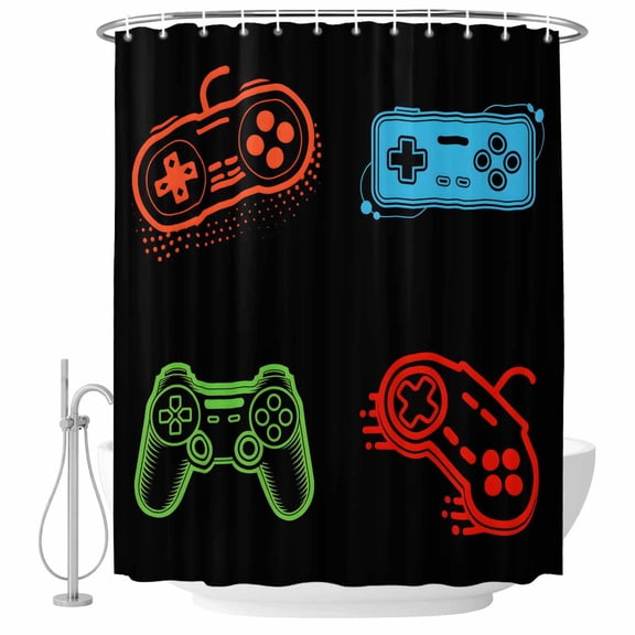 Game Controller Shower Curtain, Waterproof Shower Curtains for Bathroom, Modern Art Gaming Handheld Black Washable Fabric Bathtub Curtain Set Bath Decor with 12 Hooks 48"x72"