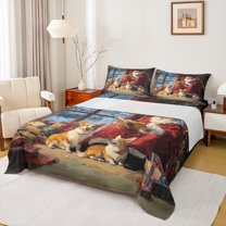 Feelyou Magic Santa Claus Full Size Sheets, Kawaii Christmas Dog Bed Sheets, Vintage Western Oil Printing Sheet Sets, Luxury Bedroom Decor, 4-Piece