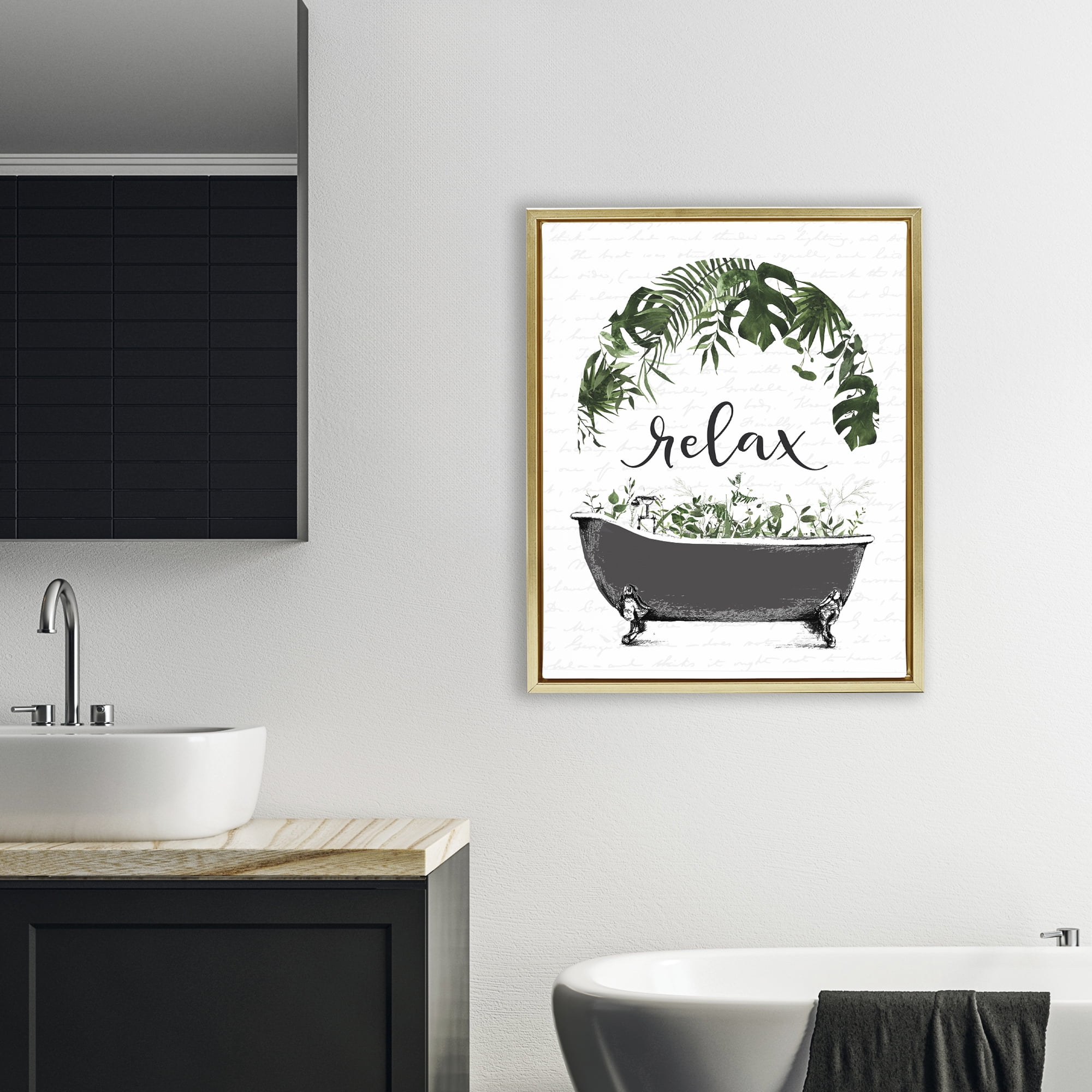 Tropical Bath Relax Gold Framed Floater Canvas Wall Art, design by Lettered and Lined